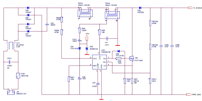 圖1：基于FAN6961的帶整流和EMI濾波功能的電路圖