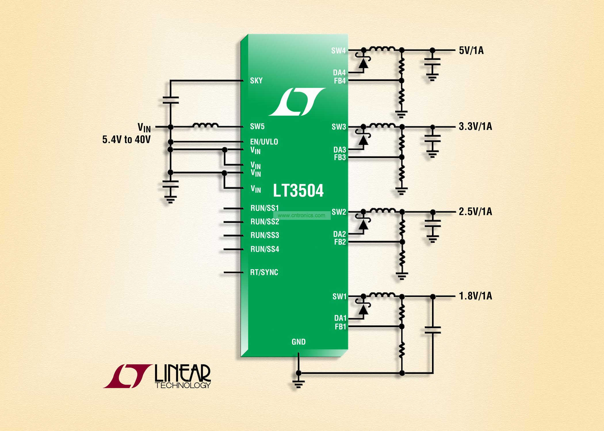 40V、4 通道 1A (IOUT)、2.2MHz 降壓型 DC/DC 轉(zhuǎn)換器