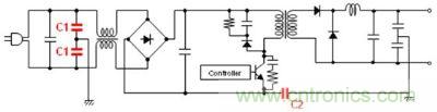 車載充電器電源電路例 (C1: AC線路濾波器用Y電容器、C2: 初級(jí)-次級(jí)耦合用電容器) 