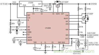 LTC4000 和 LTC3789：6V 至 36VIN、4 節(jié) 5A 鋰離子電池充電器