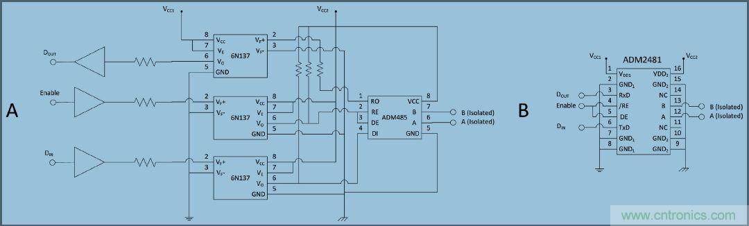 RS-485收發(fā)器和3個(gè)光耦合器與單片IC