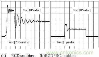 加RCD吸收電路及RCD/RC雙重吸收電路后vds的實驗波形