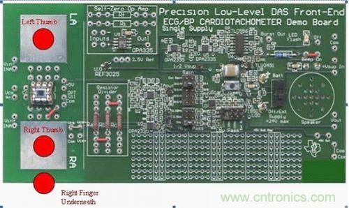 精密型低電平 ECG 心率計(jì)電路板的正面圖