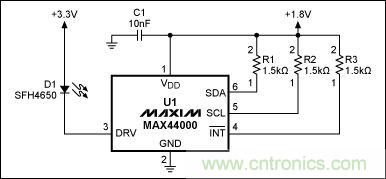 圖1：MAX44000典型電路，包括LED