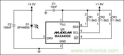 圖2：MAX44000典型電路，帶有發(fā)射器旁路