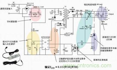 安森美半導(dǎo)體離線式第二代LED驅(qū)動器NCP1014/1028的應(yīng)用示意圖。