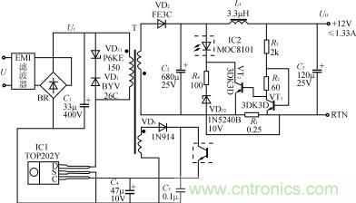 12V截流型開關(guān)電源的電路