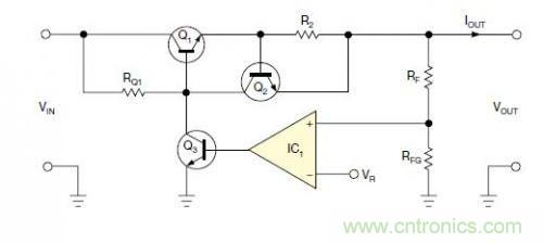 圖1：一個(gè)標(biāo)準(zhǔn)的線性穩(wěn)壓器直接將反饋連接到串聯(lián)導(dǎo)通晶體管上。