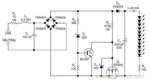 圖2：斬波工作類似圖1中的電路，但以較大的LED串聯(lián)電阻代替了恒流源，提供限流功能