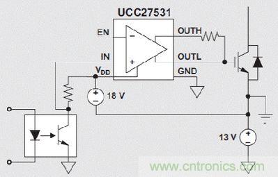 圖 3 利用FET IGBT單柵極驅動器驅動電源開關