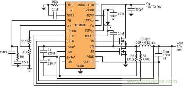 圖2：以非常低的DCR完成采樣的高效率、1.5V/30A降壓型轉(zhuǎn)換器