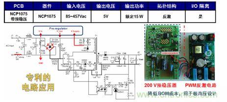 基于NCP1075開關(guān)穩(wěn)壓器和200 V預(yù)穩(wěn)壓器的極寬電壓范圍15 W參考設(shè)計。