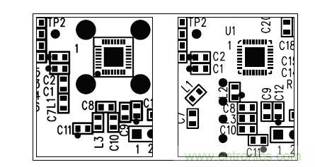 圖中所示為兩種不同的PCB布局，其中一種布局的元件排列方向不合理（L1和L3），另一種的方向排列則更為合適。