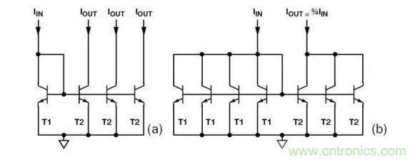 （a） 多級(jí)電流鏡 （b） 非整數(shù)比例電流鏡可將3個(gè)T2集電極結(jié)合起來，得到3IIN