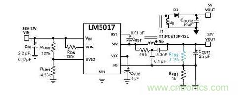 基于 LM5017 的 Fly-Buck 轉(zhuǎn)換器電路，沒有基于光耦合器的穩(wěn)壓電路