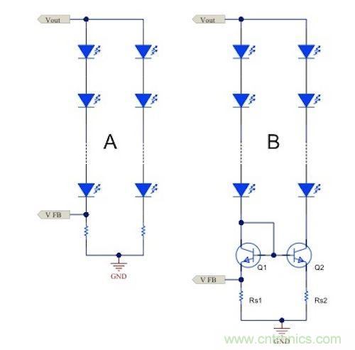 電流鏡 (B) 可針對簡單電阻器電流調(diào)節(jié) (A) 提供各種優(yōu)勢。