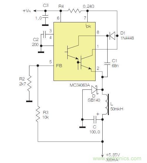 采用降壓配置中廣為使用的MC33063/MC34063的一個(gè)示例。