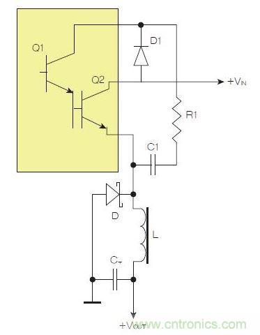 為了實現(xiàn)用兩個元器件提升電源轉(zhuǎn)換效率，芯片上應(yīng)有針對驅(qū)動器晶體管Q1集電極的單獨引腳。