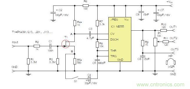 含JFET輸入和NE555的耳機(jī)/線路驅(qū)動(dòng)器