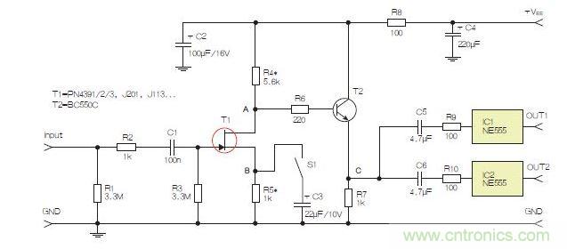 所示電路采用兩個(gè)工作在不同頻率下的555定時(shí)器，以獲取不同的音