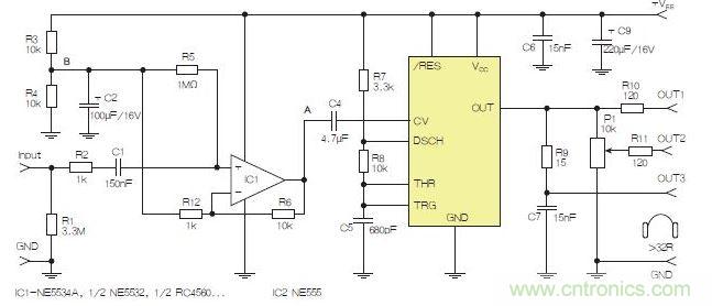 含運算放大器和NE555定時器的耳機和音頻線路驅(qū)動器。也可以使用CMOS版本(如LMC555)，但輸出電流較低。其優(yōu)點為工作頻率較高。