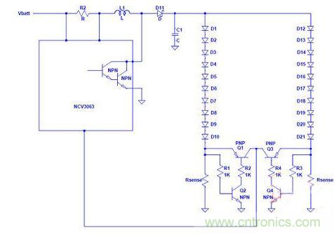 基于NCP3063單個電流環(huán)路驅動多串LED
