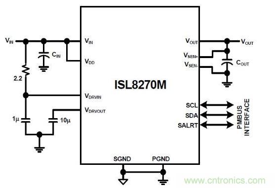 ISL8270M是完整的數(shù)字開(kāi)關(guān)模式電源。通過(guò)添加輸入/輸出電容器來(lái)完成設(shè)計(jì)