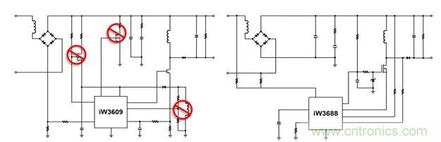 相比前代產(chǎn)品iW3609（左），iW3688（右）采用專利數(shù)字算法，完全消除了外部泄放電路、外部VCC電路和啟動(dòng)電路