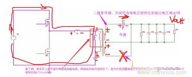 上管開通，注意諧振電感、勵磁電感、諧振電容的正負