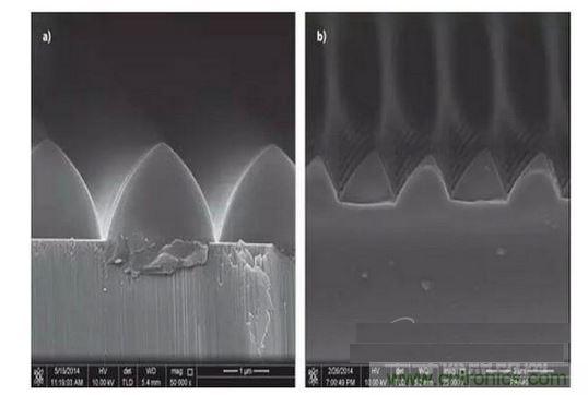 圖案化藍(lán)寶石基板通過(guò)光致抗蝕劑掩膜在電感耦合等離子體干法反應(yīng)性腐蝕保持良好剛性結(jié)構(gòu)（如圖a）,然而，如果光致抗蝕劑掩膜的剛性結(jié)構(gòu)在抗蝕過(guò)程中沒(méi)有得到保持，那么結(jié)果會(huì)很差（如圖b）