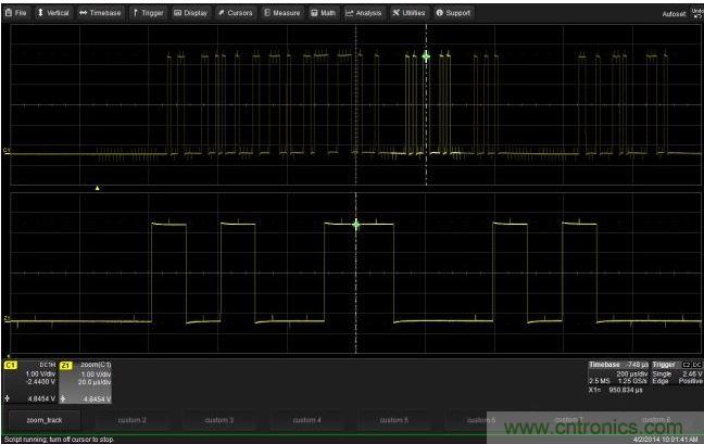 使用CustomDSO運(yùn)行VB腳本“zoom_Track.lss”。當(dāng)腳本運(yùn)行時(shí)，縮放波形的中心將跟蹤水平的光標(biāo)絕對位置。從圖中可以看出，光標(biāo)將永遠(yuǎn)位于縮放波形Z1的中心