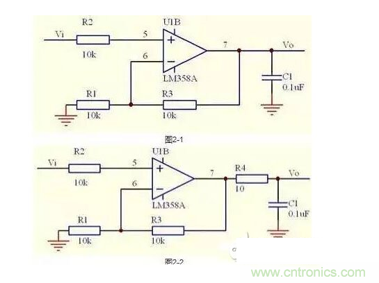 2、不要在運(yùn)放輸出直接并接電容