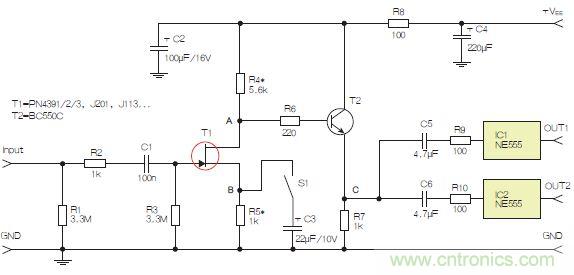 圖3：采用兩個工作在不同頻率下的555定時器電路，以獲取不同的音效。