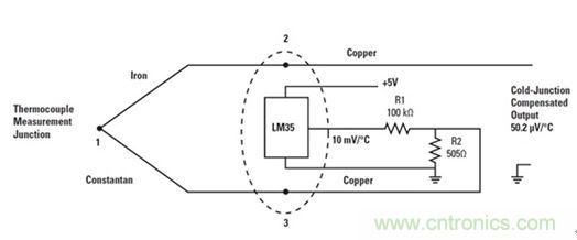 圖3：將LM35用于熱電偶冷接點補償