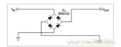 是一個(gè)橋式整流器，不論什么極性都可以正常工作，但是有兩個(gè)二極管導(dǎo)通，功耗是圖1的兩倍.