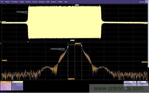 面的時(shí)域圖顯示了脈沖調(diào)制的射頻載波，下方的頻域圖顯示了在997MHz和1002MHz之間均勻分布的載頻
