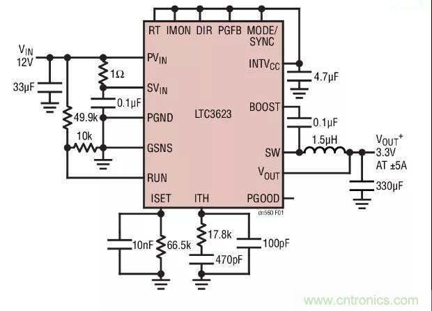 高效率、15V 軌至軌輸出同步降壓型穩(wěn)壓器能提供或吸收 5A