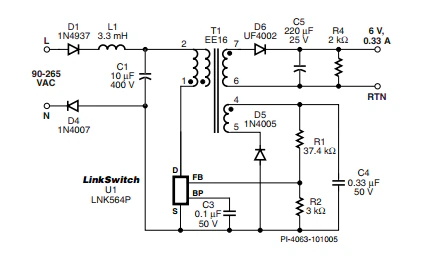 LinkSwitch-LP 系列旨在取代手機(jī)/無繩電話、PDA、數(shù)碼相機(jī)和便攜式音頻播放器等應(yīng)用中輸出功率 < 2.5 W 的低效線頻線性變壓器電源。LinkSwitch-LP 還可用作白色家電等應(yīng)用中的輔助電源。  LinkSwitch-LP 將高壓功率 MOSFET 開關(guān)與 ON/OFF 控制器集成在一個設(shè)備中。它完全由漏極引腳自供電，具有低 EMI 的抖動開關(guān)頻率，并且具有全面的故障保護(hù)。自動重啟可限制過載和輸出短路條件下的器件和電路耗散，而遲滯過溫保護(hù)會在熱故障期間禁用內(nèi)部 MOSFET。EcoSmart 技術(shù)使設(shè)計(jì)能夠輕松實(shí)現(xiàn) < 150 mW 的空載功耗，滿足能源效率要求。  LinkSwitch-LP 的設(shè)計(jì)目的是在輸出功率低于 2.5 W 時(shí)無需初級側(cè)鉗位電路，從而顯著減少組件數(shù)量和總系統(tǒng)成本。圖 1 顯示了基于 LinkSwitch-LP 的 2 W 電源，不帶初級側(cè)鉗位。LinkSwitch-LP 系列經(jīng)過優(yōu)化，當(dāng)變壓器上的輔助或偏置繞組提供反饋時(shí)，可提供近似的 CV/CC 輸出特性。這非常適合取代工頻變壓器的應(yīng)用，提供兼容的輸出特性，但過載、短路電流和輸入線電壓變化較小。  　  在無鉗位設(shè)計(jì)中使用 LinkSwitch-LP 的基本電路原理圖。  快速開始  　 LinkSwitch-LP 反激式設(shè)計(jì)流程圖