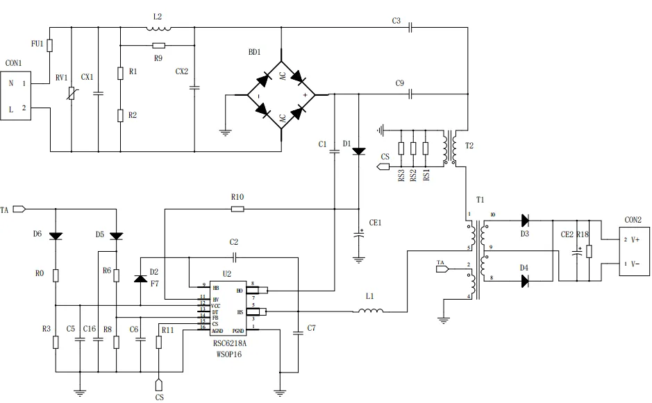 一、LED驅(qū)動模塊RSC6218A REASUNOS(瑞森半導(dǎo)體)通過持續(xù)投入研發(fā)，提升LLC應(yīng)用技術(shù)，集成控制芯片與功率轉(zhuǎn)換，成功推出新一代產(chǎn)品RSC6218A WSOP-16，延續(xù)瑞森LLC拓?fù)浞桨?，時機(jī)趨勢完全迎合我國雙碳政策，電氣特性契合新版國標(biāo)GB/T 17625.1-2022和歐盟新版ERP認(rèn)證EU2019/2020雙重法規(guī)，專為中小功率的產(chǎn)品提供優(yōu)秀的方案；接下來會分幾個篇章持續(xù)介紹新方案產(chǎn)品的應(yīng)用資料和設(shè)計實(shí)例分享：  RSC6218A功率模塊內(nèi)部集成CS-CP-LLC電源半橋模塊和功率轉(zhuǎn)換模塊，延續(xù)瑞森主題設(shè)計方向單級實(shí)現(xiàn)高PF無頻閃技術(shù)和LLC諧振軟開關(guān)技術(shù)方案：該型號適用于5-18W功率段；具備高轉(zhuǎn)換效率(90%+)，高PF(>0.96)，低THD(<10%)，小型化(縮小PCB面積10-25%)，通過優(yōu)化產(chǎn)品內(nèi)部設(shè)計提升產(chǎn)品內(nèi)部功率器件的開啟與關(guān)閉性能，避免干擾發(fā)生，最高工作頻率達(dá)200KHZ，實(shí)現(xiàn)WSOP-16封裝兼顧散熱與小型化；并且內(nèi)部可自動設(shè)置死區(qū)時間，讓方案可靠易設(shè)計。 產(chǎn)品可廣泛應(yīng)用于： 1.護(hù)眼系列燈具：如教室燈、辦公燈、護(hù)眼臺燈、壁燈、閱覽室燈等； 2.家居類燈具：如客廳燈、臥室燈、兒童房燈、廚房燈、走廊燈等； 3.軌道類燈具：地鐵照明、高鐵照明、隧道照明、車站照明等； 4.商照類燈具：筒燈、射燈、投射燈、 亮化燈、防爆燈等； 方案起到提供高效，穩(wěn)定，長壽命的作用。 二、產(chǎn)品功能框架  三、IC各PIN腳功能說明  PIN1 PGND 功率地，內(nèi)部是連接低邊MOS的S端地線； PIN2  NC  PIN3  HS 半橋MOS低邊漏極PIN； PIN4  HS 半橋MOS低邊漏極PIN； PIN5  HS 半橋MOS高邊源極PIN； PIN6  HS 半橋MOS高邊源極PIN； PIN7  NC  PIN8  HO 半橋MO高邊漏極； PIN9  HO 半橋MOS高邊漏極； PIN10 HB 半橋驅(qū)動高邊電源，通過外置的一個二極管與電容組成自舉回路，為高邊 MOS 的開啟提供電平； PIN11 VIN 高壓啟動的輸入腳，最高耐壓可達(dá)DC600V，啟動電流在1.7mA，一般應(yīng)用是從高壓電解處串接一個1206100K電阻引到PIN1，在整個環(huán)路還未建立起來時，是靠這個引腳的供電通過內(nèi)部連接到PIN6VCC，然后把VCC電容慢慢充電到芯片的啟動電壓后，芯片開始工作。整個環(huán)路建立起來后，VIN腳內(nèi)部關(guān)斷，VCC 通過外部變壓器輔助繞組供電維持正常工作； PIN12  VCC 信號電源引腳， 工作電壓范圍 8-20V，工作電流在 0.8mA，靜態(tài)工作電流是 720uA； PIN13  NC DT懸空腳； PIN14 FB  電壓反饋輸入，VFB中心值是1.2V，該引腳的功能主要是限定空載電壓的最大幅度，該芯片空載保護(hù)屬于打嗝模式，可以有效降低空載損耗，能效要求輕松符合小于0.5W的要求； PIN15  CS 電流采樣正弦波信號輸入該P(yáng)IN腳是通過線路中的互感電感采樣得到全波的正弦波信號， 通過電阻轉(zhuǎn)換為電壓信號后，輸入到CS PIN腳， 內(nèi)部連接到壓控振蕩器，根據(jù)輸入進(jìn)來的電壓幅值大小，以及正弦波的頻率，壓控振蕩器輸出對應(yīng)的方波來控制LG與HG端的MOS開關(guān)頻率，實(shí)現(xiàn)恒流調(diào)節(jié)控制； PIN16  AGND 信號地參考電平，主要連接 VCC，F(xiàn)B 對應(yīng) PIN 腳的元件地線。 四、關(guān)鍵PIN腳參數(shù)設(shè)定范圍  五、典型應(yīng)用原理圖  關(guān)注瑞森半導(dǎo)體公眾號，接下來持續(xù)分享具體案例的設(shè)計參考文檔，攜手各伙伴們實(shí)現(xiàn)新版國標(biāo)GB/T17625.1-2022的順利達(dá)標(biāo)，為工程師縮短開發(fā)周期，讓工廠端得到滿意的產(chǎn)品，給客戶一個滿意的答卷，得到需要的利潤空間。