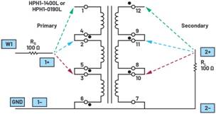   材料  ? ADALM2000主動學習模塊 ? 無焊試驗板和跳線套件 ? 一臺HPH1-1400L 6繞組變壓器 ? 一臺HPH1-0190L 6繞組變壓器 ? 兩個100 Ω電阻  說明  在無焊試驗板上構建圖2所示的電路。需要使用此設置來測量初級/次級匝數(shù)比為1:1的三種不同配置下，兩個變壓器型號各自的頻率響應。兩個紅色箭頭表示在初級和次級使用同一個線圈的配置中連接源電阻和負載電阻的位置。藍色箭頭對應的是在初級和次級使用兩個串聯(lián)線圈的配置。綠色箭頭對應的是在初級和次級使用三個串聯(lián)線圈的配置。